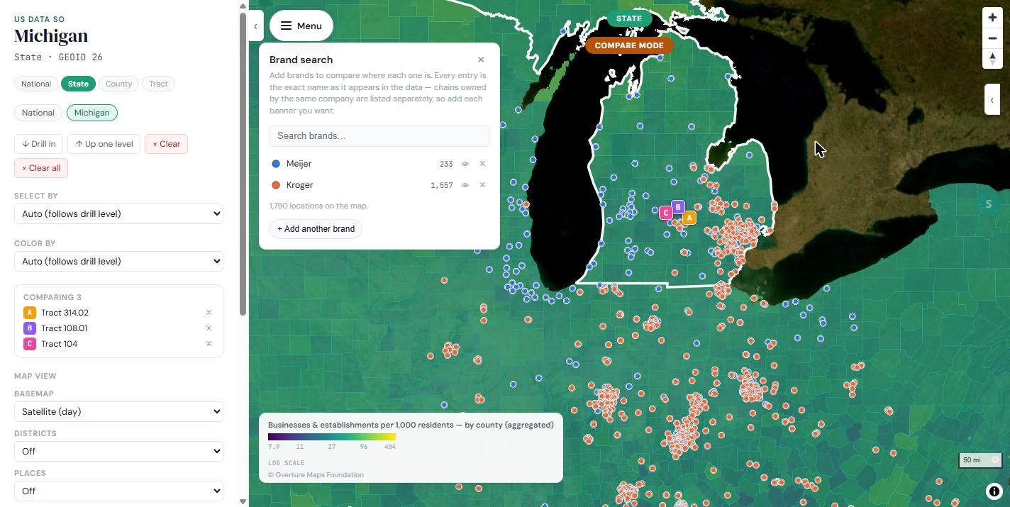 Brand search panel with Meijer (233 locations) and Kroger (1,557 locations) added, and the map of Michigan and surrounding states covered in blue and orange location pins for each chain.