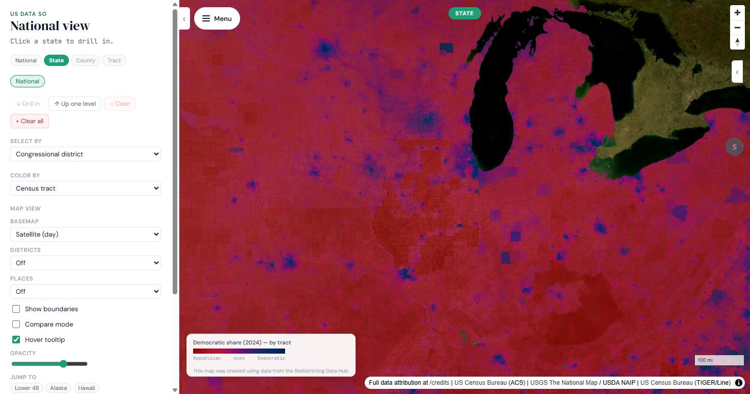 Michigan's Lower Peninsula with Color By set to Census tract, shaded by 2024 Democratic vote share on a red-to-purple-to-blue scale. Thousands of small tracts show a speckled gradient — purple and blue pockets inside red areas — rather than solid blocks; the legend reads Democratic share (2024) — by tract, created using data from the Redistricting Data Hub.