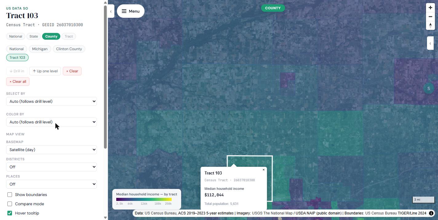 USDataSo map zoomed to Clinton County, Michigan, with census tract 103 selected. The detail card shows median household income $112,044 and total population 5,631; the breadcrumb reads National, Michigan, Clinton County, Tract 103.