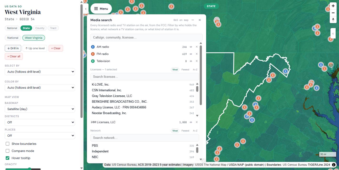 Media search panel filtered to the licensee iHM Licenses, LLC, showing 246 AM and 619 FM stations, with AM and FM station pins scattered across West Virginia and neighboring states on the map.