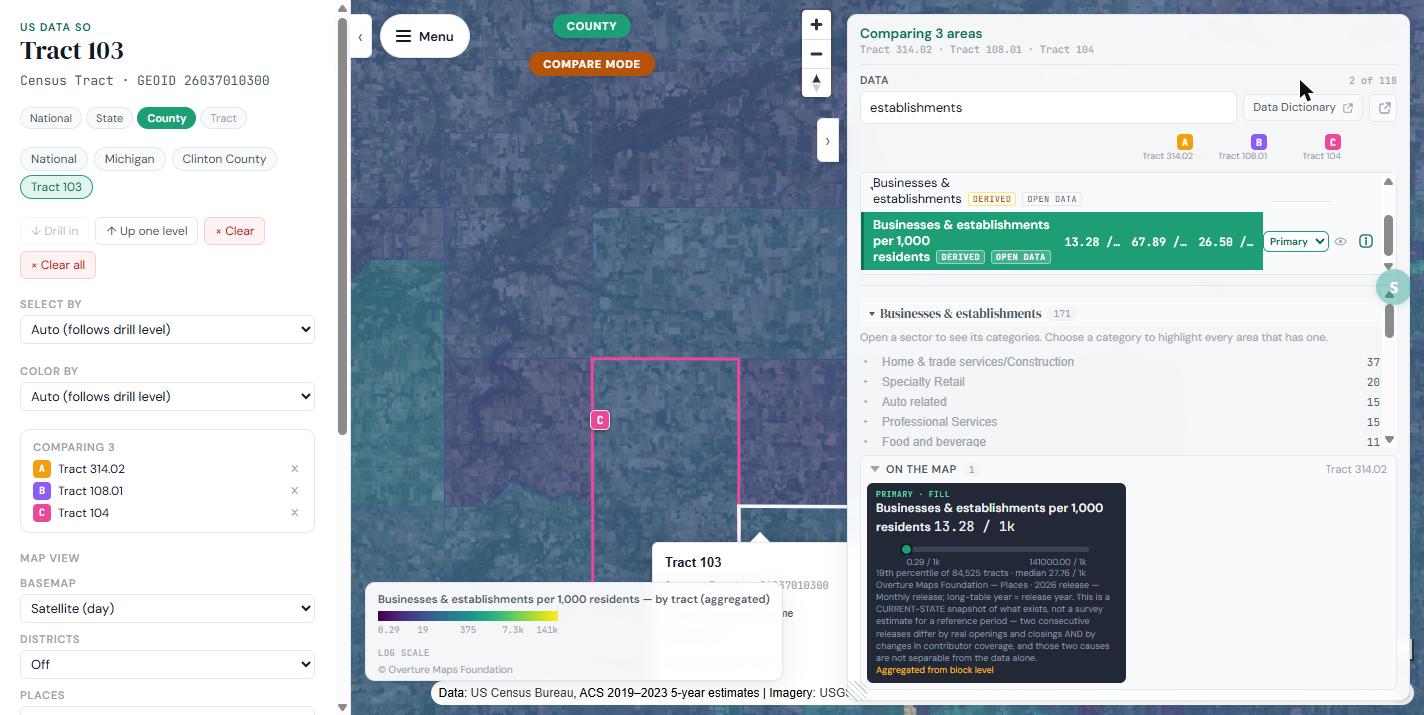 The data panel with "Businesses & establishments per 1,000 residents" set as the primary map fill, directly below the raw "Businesses & establishments" count. Both rows carry DERIVED and OPEN DATA badges. The On the map card cites Overture Maps Foundation and notes the value is aggregated from block level.