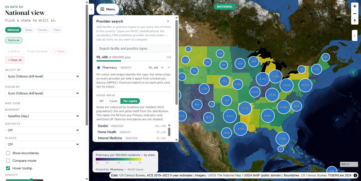 Provider search panel with the Pharmacy facility type added (98,408 pins) and the Shade areas control set to Per capita. The national map is shaded by pharmacies per 100,000 residents by state, with clustered pin counts over each state.